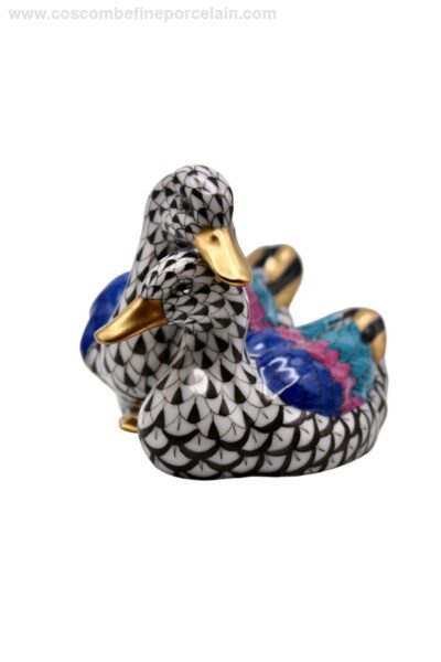 Herend Pair of Ducks – All Black fishnet porcelain figurine