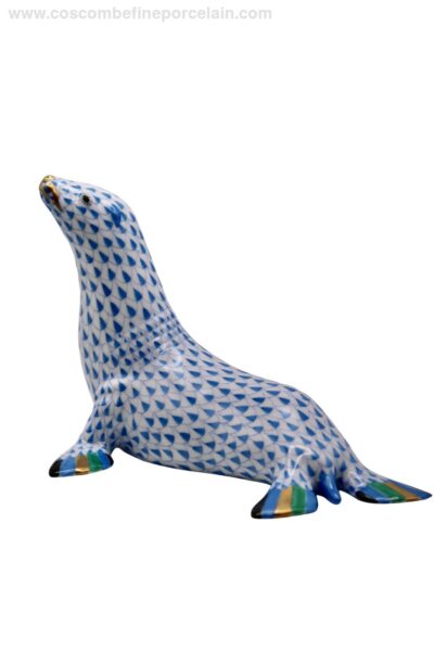 Herend Large Sea Lion blue fishnet porcelain figurine