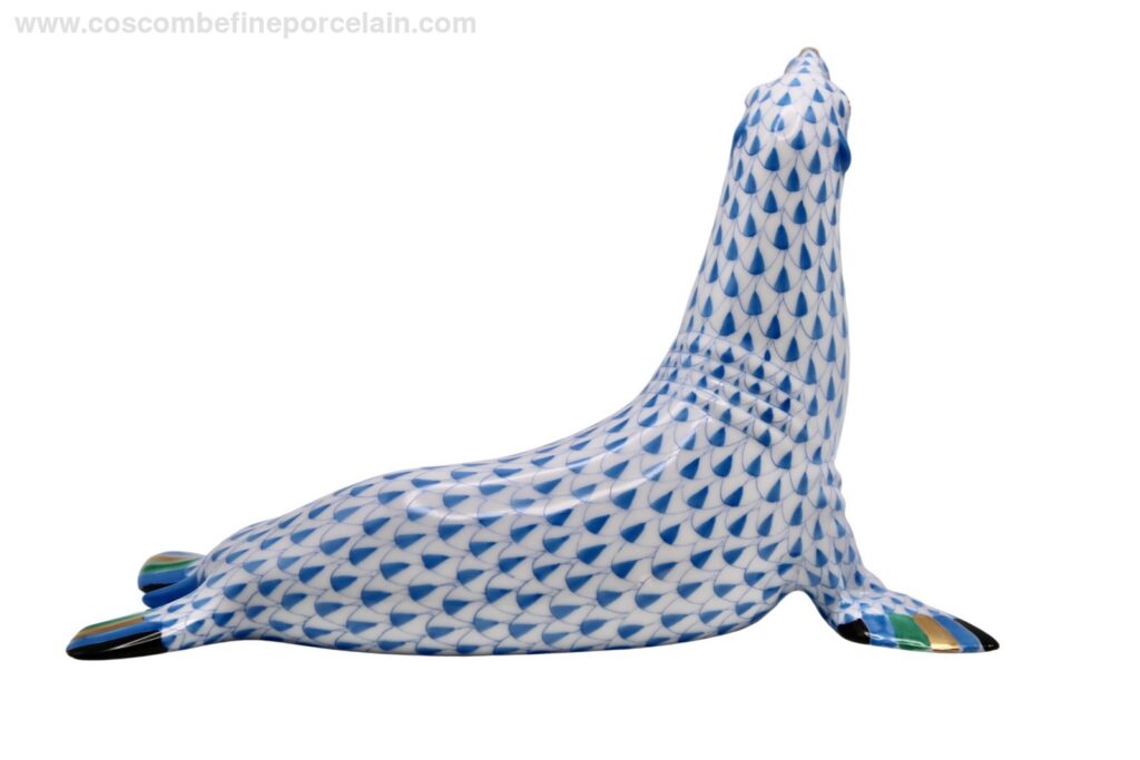 Herend Large Sea Lion blue fishnet porcelain figurine