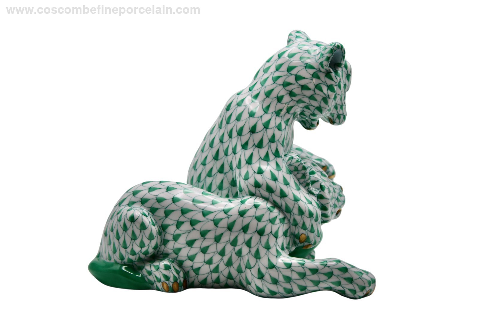 Herend Lion Cubs green fishnet porcelain figurine