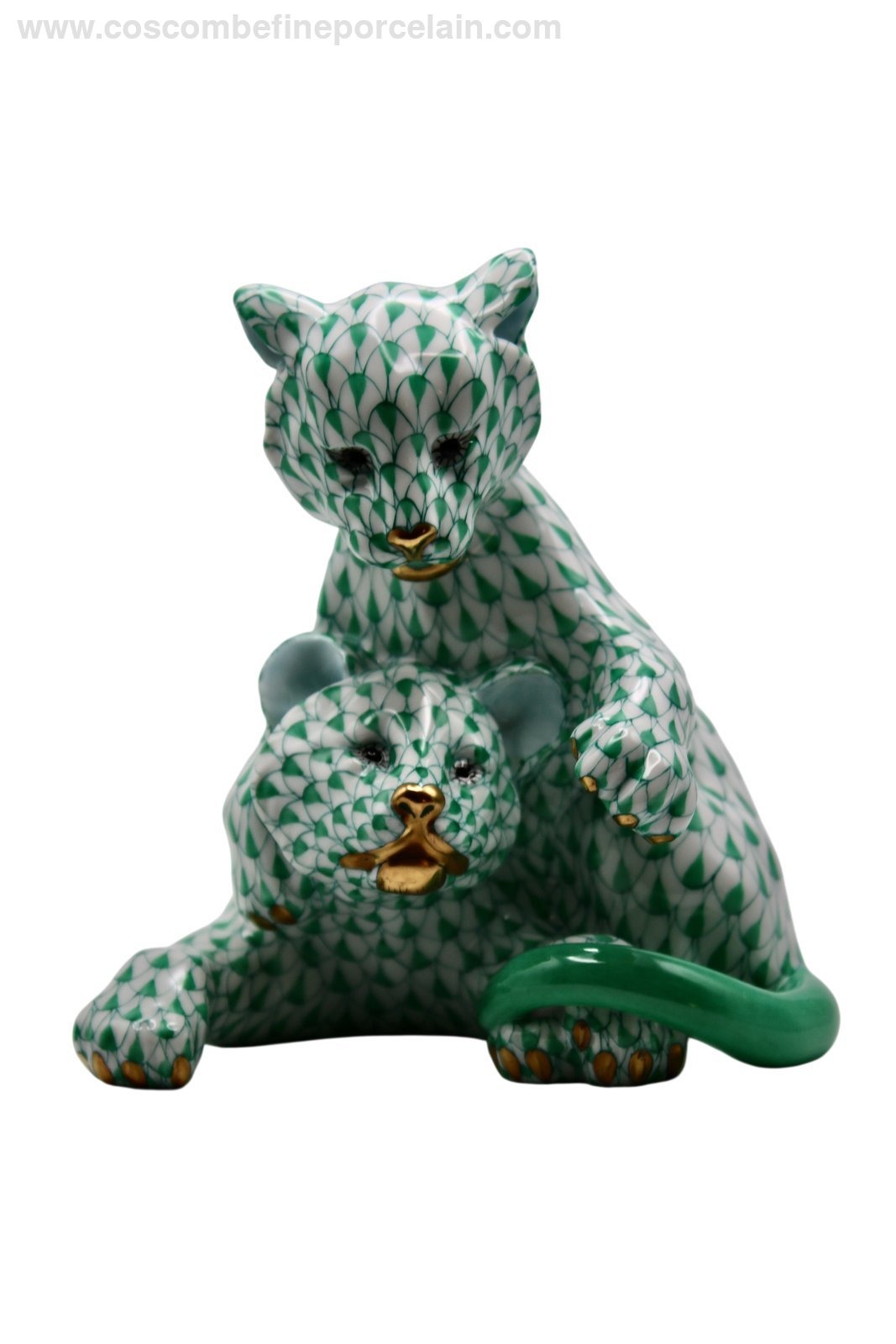 Herend Lion Cubs green fishnet porcelain figurine