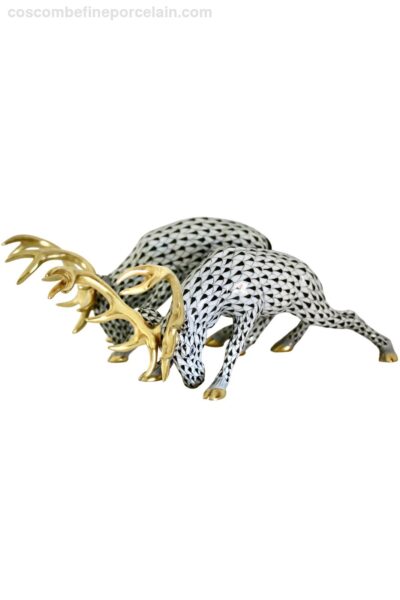 Herend Red Deer Stag Fighting black fishnet porcelain
